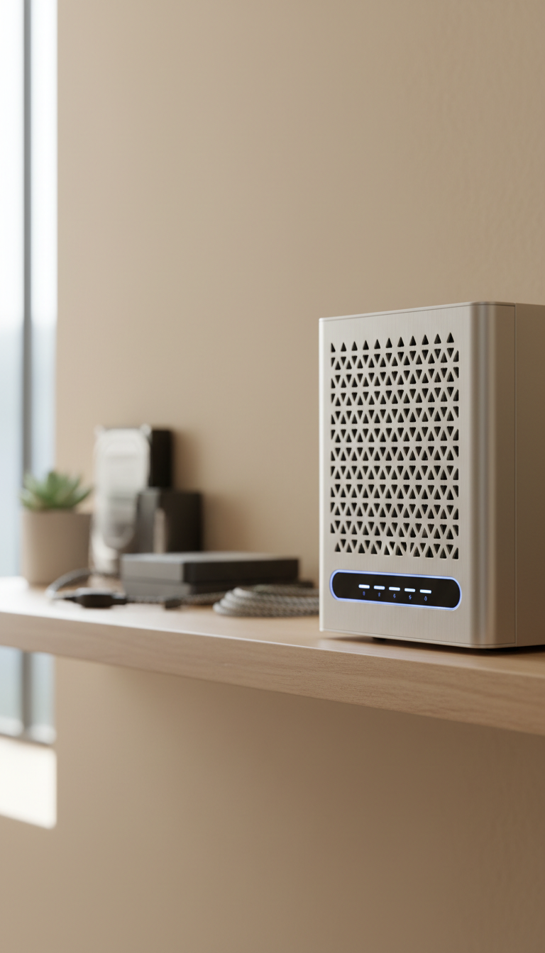 A smart, brushed aluminum network-attached storage (NAS) device featuring subtle geometric vent patterns and an illuminated status panel, positioned on a minimalist wooden shelf attached to a smooth, neutral-tone wall. Diffused daylight from an unseen nearby window creates gentle, balanced shading and highlights on the device’s surface, lending depth and realism. The composition employs the rule of thirds, with select storage and tech accessories artfully blurred in the midground. The scene radiates a calm, orderly, yet innovative mood, emphasizing the NAS unit’s robust and dependable qualities in a modern photographic style.