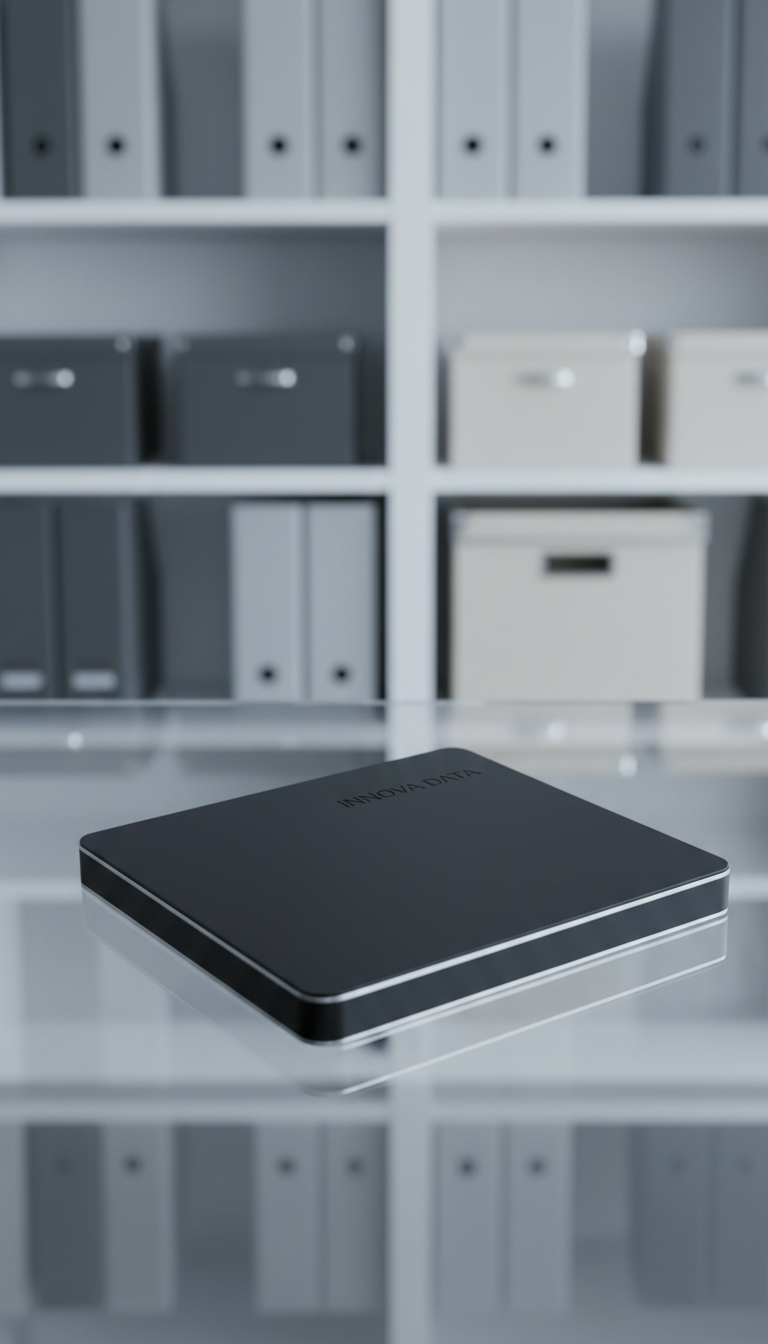 A sleek, matte black external hard drive with subtle embossed branding and precise metallic edging, resting diagonally on a reflective glass desk in a contemporary corporate office environment. The background includes blurred outlines of tidy shelves and minimalist storage units in neutral gray and beige tones. Soft overhead studio lighting highlights the drive's clean lines, casting refined, nuanced shadows across the desk. Captured from a slightly elevated angle with a centered composition, the hard drive is in sharp focus, while the background is tastefully diffused. The atmosphere is professional and orderly, delivering a sense of reliability and cutting-edge technology with photographic realism and a modern, structured visual style.