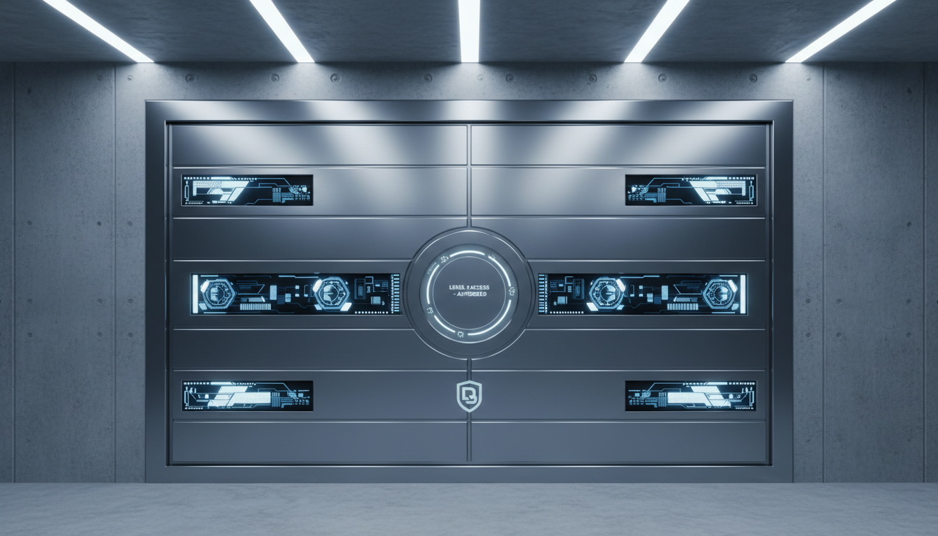 A close-up view of a robust data storage vault door composed of heavy brushed steel panels with intricate digital access panels and subtle engraving. The surface is spotless, with crisp lines and cool metallic reflections, set within a seamless concrete wall in a professional technology facility. Focused, directional LED strip lighting accentuates the geometric shapes and textures, producing gradual gradients of light across the steel. Captured straight-on with the door perfectly centered in the frame, the composition conveys unmatched security and next-level data protection through a polished, unmistakably corporate photographic aesthetic.