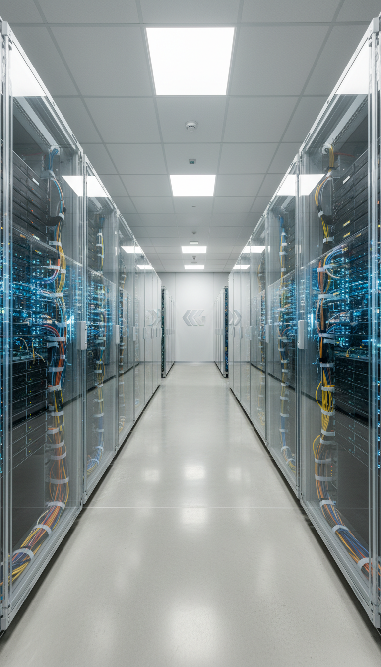 A collection of transparent data server racks with glimmering LED indicators and organized cable management, housed in a pristine data center with polished concrete floors and smooth, neutral-colored walls. Cool white ceiling lights bathe the scene, producing crisp, even illumination with minimal shadow, accentuating the clarity and precision of the technology. Captured from an eye-level perspective using a wide-angle lens, the racks are arranged in a symmetrical composition that underscores the workspace's structure and efficiency. The mood is clean, focused, and highly professional, aligned with a photographic, corporate aesthetic tailored for technology-focused audiences.