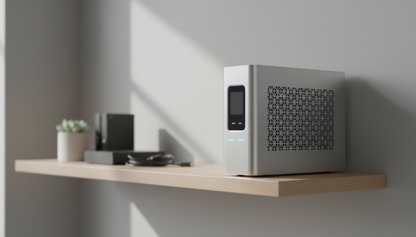 A smart, brushed aluminum network-attached storage (NAS) device featuring subtle geometric vent patterns and an illuminated status panel, positioned on a minimalist wooden shelf attached to a smooth, neutral-tone wall. Diffused daylight from an unseen nearby window creates gentle, balanced shading and highlights on the device’s surface, lending depth and realism. The composition employs the rule of thirds, with select storage and tech accessories artfully blurred in the midground. The scene radiates a calm, orderly, yet innovative mood, emphasizing the NAS unit’s robust and dependable qualities in a modern photographic style.